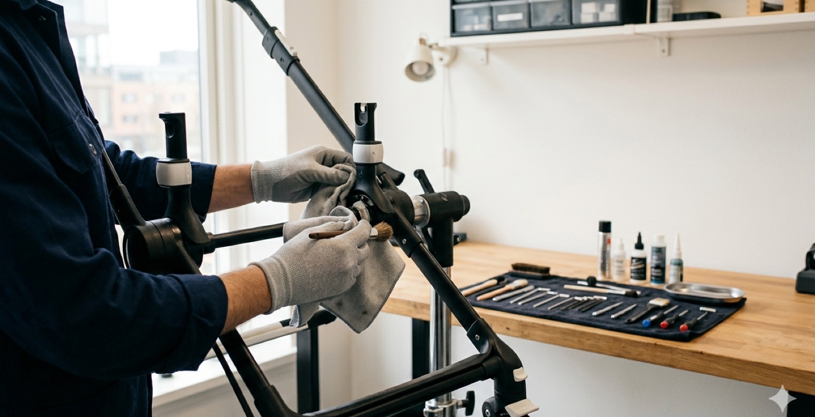 Technicien reconditionnant une poussette premium dans l'atelier Strolleo